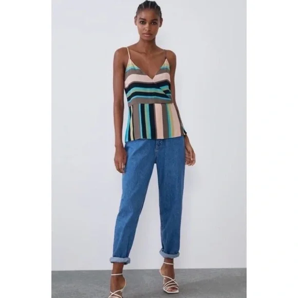 NWT Zara Colorful Striped Wrap Peplum Cami Tank Top Blouse XS V-Neck Open Back - Picture 4 of 13